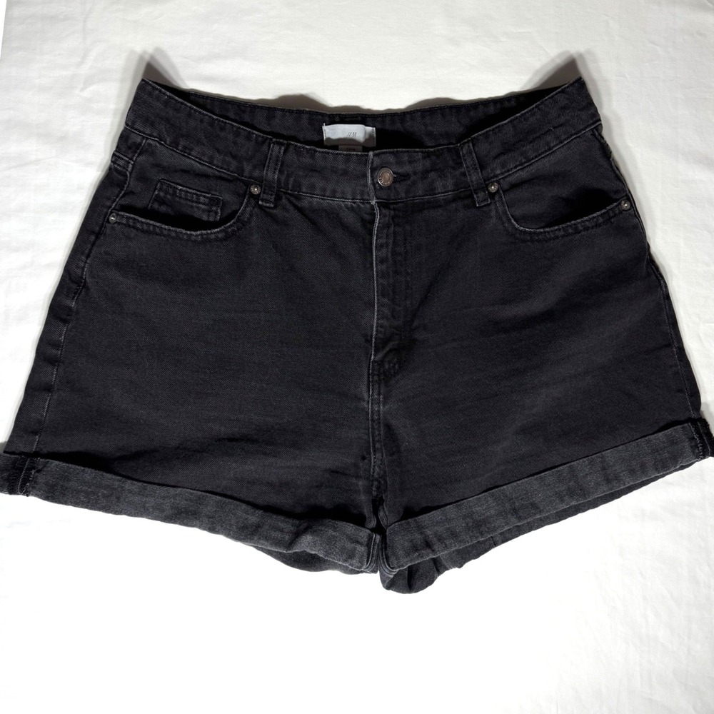 HM Womens High Waisted Denim Shorts Washed Black Cuffed Size 14 Casual Summer